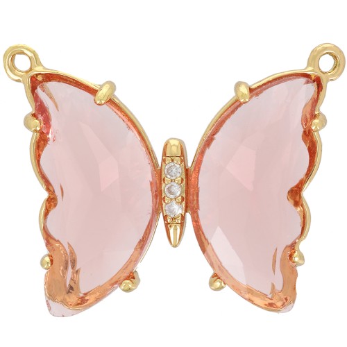 22x29mm Glass butterfly connector with zirconium oxide - Gold Tone - Pink x1