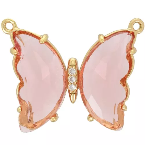 22x29mm Glass butterfly connector with zirconium oxide - Gold Tone - Pink x1