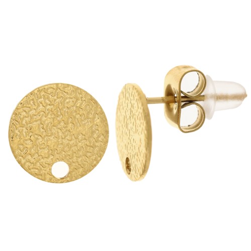 10mm 304 Stainless Steel hammered Disc Earstuds with hole - Gold Tone x2