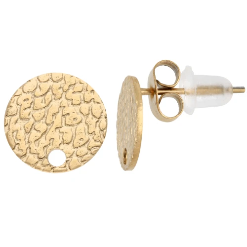 10mm 304 Stainless Steel hammered Disc Earstuds with hole - Gold Tone x2