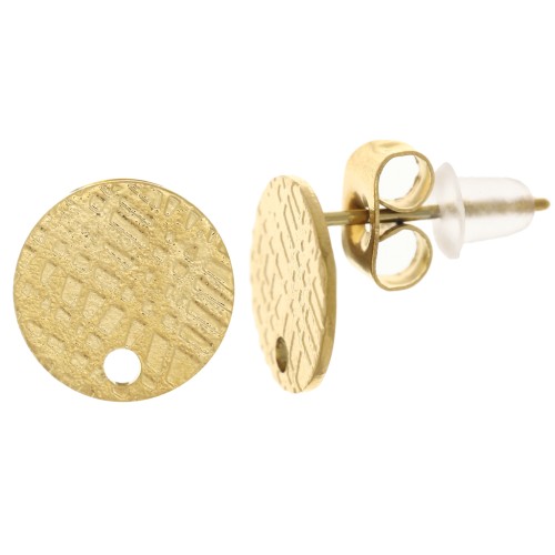 10mm 304 Stainless Steel Textured Disc Earstuds with hole - Gold Tone x2