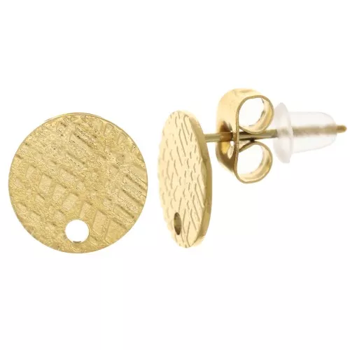 10mm 304 Stainless Steel Textured Disc Earstuds with hole - Gold Tone x2