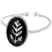 Adjustable oval ring with epoxy resin leaf pattern - Fine silver plating - Black x|raw }}