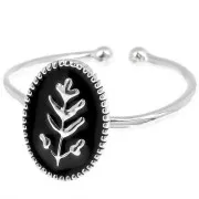 Adjustable oval ring with epoxy resin leaf pattern - Fine silver plating - Black x