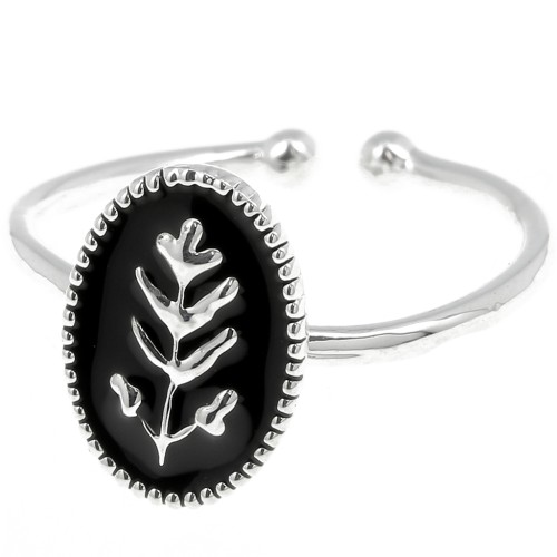 Adjustable oval ring with epoxy resin leaf pattern - Fine silver plating - Black x