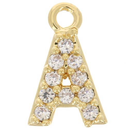 8mm alphabet letter Charm with zirconium oxide - A - Fine Gold plated - Crystal x1