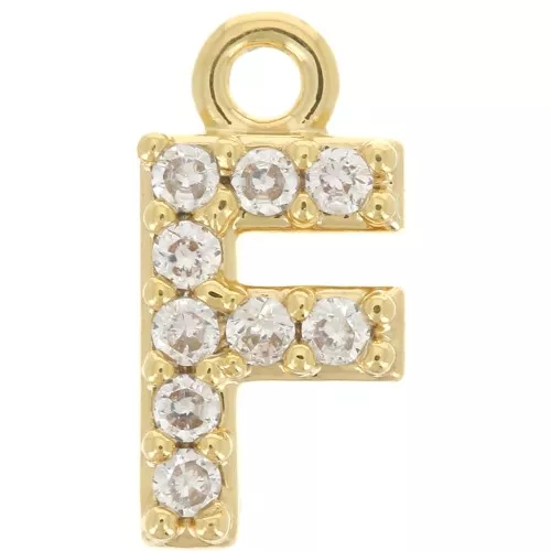 8mm alphabet letter Charm with zirconium oxide - F - Fine Gold plated - Crystal x1