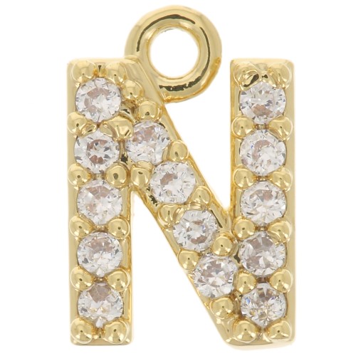 8mm alphabet letter Charm with zirconium oxide - N - Fine Gold plated - Crystal x1
