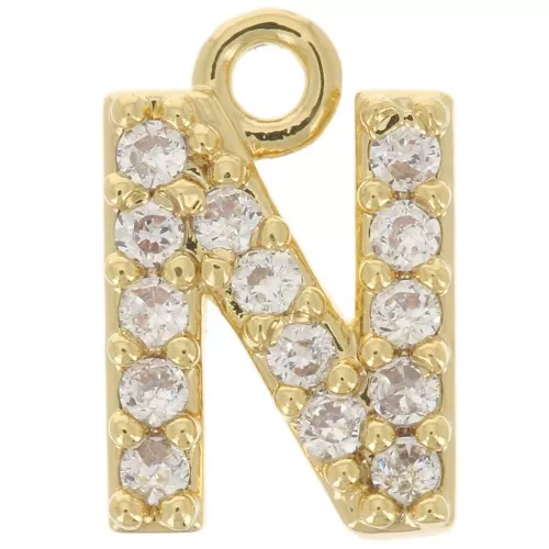 8mm alphabet letter Charm with zirconium oxide - N - Fine Gold plated - Crystal x1