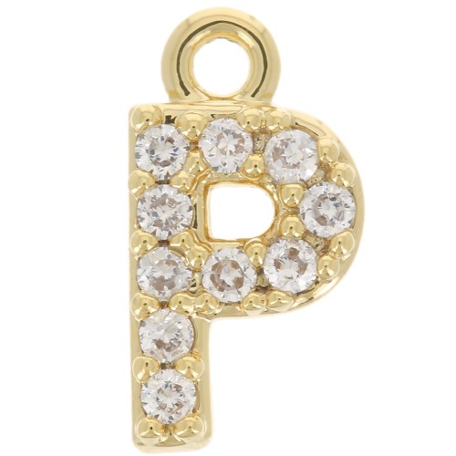 8mm alphabet letter Charm with zirconium oxide - P - Fine Gold plated - Crystal x1
