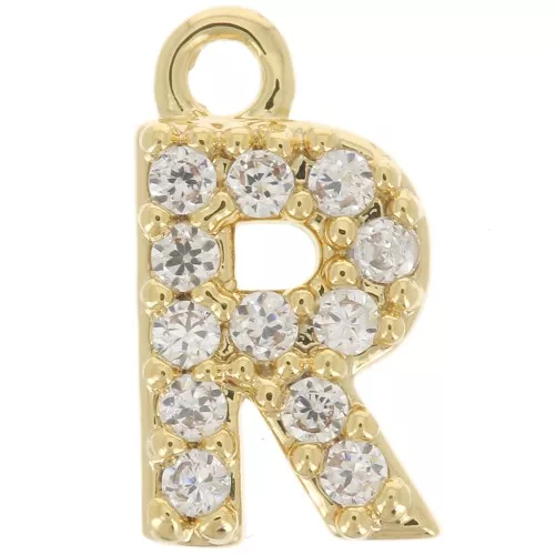 8mm alphabet letter Charm with zirconium oxide - R - Fine Gold plated - Crystal x1