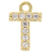 8mm alphabet letter Charm with zirconium oxide - T - Fine Gold plated - Crystal x1