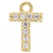 8mm alphabet letter Charm with zirconium oxide - T - Fine Gold plated - Crystal x1