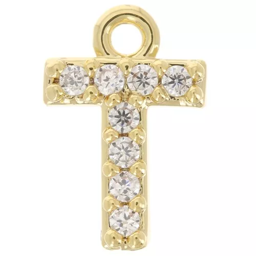 8mm alphabet letter Charm with zirconium oxide - T - Fine Gold plated - Crystal x1