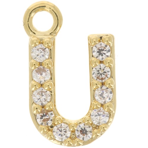 8mm alphabet letter Charm with zirconium oxide - U - Fine Gold plated - Crystal x1