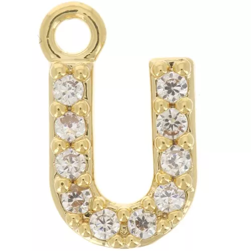 8mm alphabet letter Charm with zirconium oxide - U - Fine Gold plated - Crystal x1