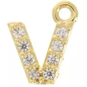 7mm alphabet letter Charm with zirconium oxide - V - Fine Gold plated - Crystal x1