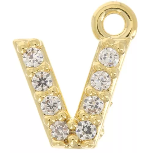 7mm alphabet letter Charm with zirconium oxide - V - Fine Gold plated - Crystal x1