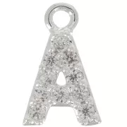 8mm alphabet letter Charm with zirconium oxide - A - Fine Silver Plating - Crystal x1