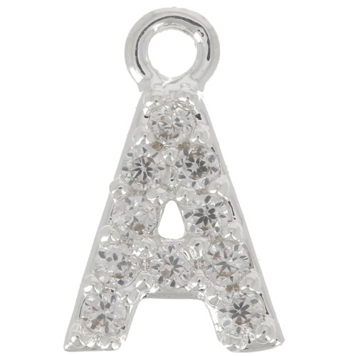 8mm alphabet letter Charm with zirconium oxide - A - Fine Silver Plating - Crystal x1