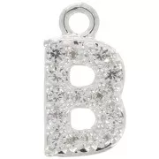 8mm alphabet letter Charm with zirconium oxide - B - Fine Silver Plating - Crystal x1