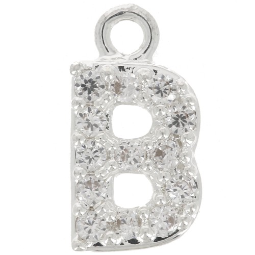 8mm alphabet letter Charm with zirconium oxide - B - Fine Silver Plating - Crystal x1