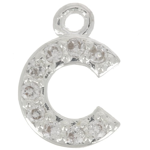 8mm alphabet letter Charm with zirconium oxide - C - Fine Silver Plating - Crystal x1