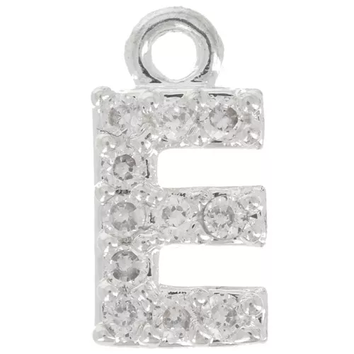 8mm alphabet letter Charm with zirconium oxide - E - Fine Silver Plating - Crystal x1
