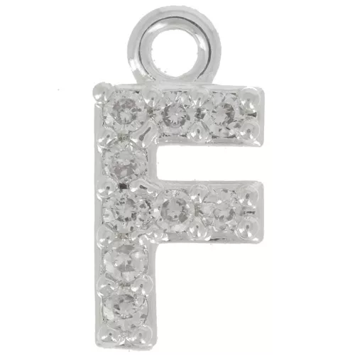 8mm alphabet letter Charm with zirconium oxide - F - Fine Silver Plating - Crystal x1