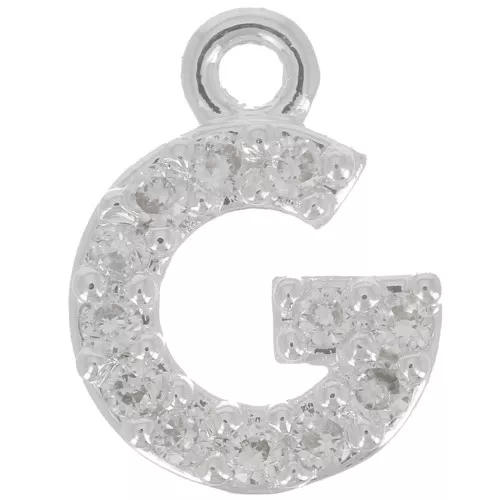 8mm alphabet letter Charm with zirconium oxide - G - Fine Silver Plating - Crystal x1