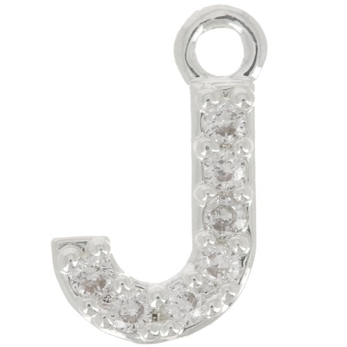 8mm alphabet letter Charm with zirconium oxide - J - Fine Silver Plating - Crystal x1