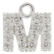 7mm alphabet letter Charm with zirconium oxide - M - Fine Silver Plating - Crystal x1