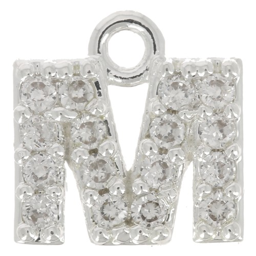 7mm alphabet letter Charm with zirconium oxide - M - Fine Silver Plating - Crystal x1