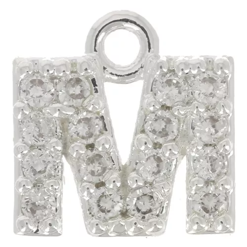 7mm alphabet letter Charm with zirconium oxide - M - Fine Silver Plating - Crystal x1