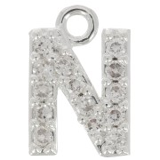 8mm alphabet letter Charm with zirconium oxide - N - Fine Silver Plating - Crystal x1