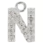 8mm alphabet letter Charm with zirconium oxide - N - Fine Silver Plating - Crystal x1
