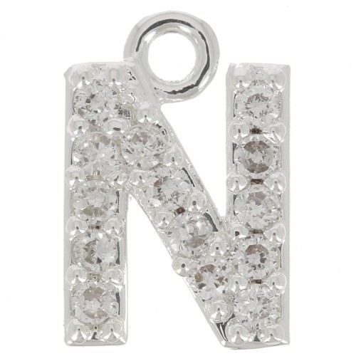 8mm alphabet letter Charm with zirconium oxide - N - Fine Silver Plating - Crystal x1