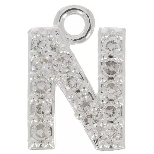 8mm alphabet letter Charm with zirconium oxide - N - Fine Silver Plating - Crystal x1