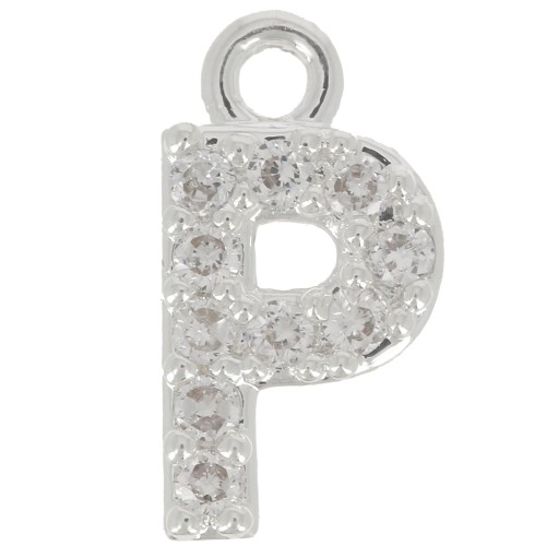 8mm alphabet letter Charm with zirconium oxide - P - Fine Silver Plating - Crystal x1