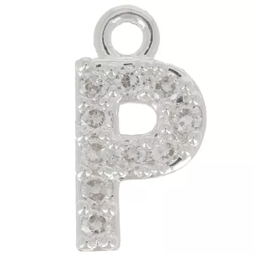 8mm alphabet letter Charm with zirconium oxide - P - Fine Silver Plating - Crystal x1