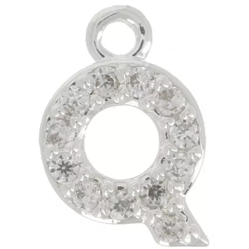 9mm alphabet letter Charm with zirconium oxide - Q - Fine Silver Plating - Crystal x1
