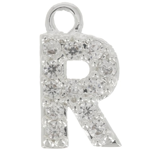 8mm alphabet letter Charm with zirconium oxide - R - Fine Silver Plating - Crystal x1