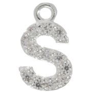 8mm alphabet letter Charm with zirconium oxide - S - Fine Silver Plating - Crystal x1