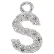 8mm alphabet letter Charm with zirconium oxide - S - Fine Silver Plating - Crystal x1