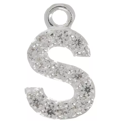 8mm alphabet letter Charm with zirconium oxide - S - Fine Silver Plating - Crystal x1
