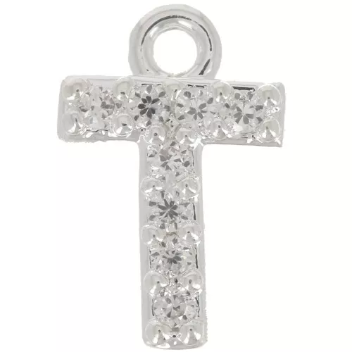 8mm alphabet letter Charm with zirconium oxide - T - Fine Silver Plating - Crystal x1