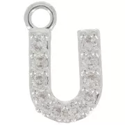 8mm alphabet letter Charm with zirconium oxide - U - Fine Silver Plating - Crystal x1
