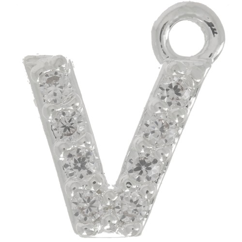7mm alphabet letter Charm with zirconium oxide - V - Fine Silver Plating - Crystal x1