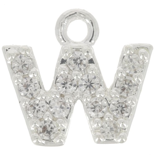 7mm alphabet letter Charm with zirconium oxide - W - Fine Silver Plating - Crystal x1
