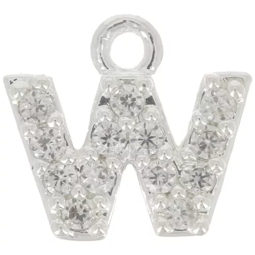 7mm alphabet letter Charm with zirconium oxide - W - Fine Silver Plating - Crystal x1